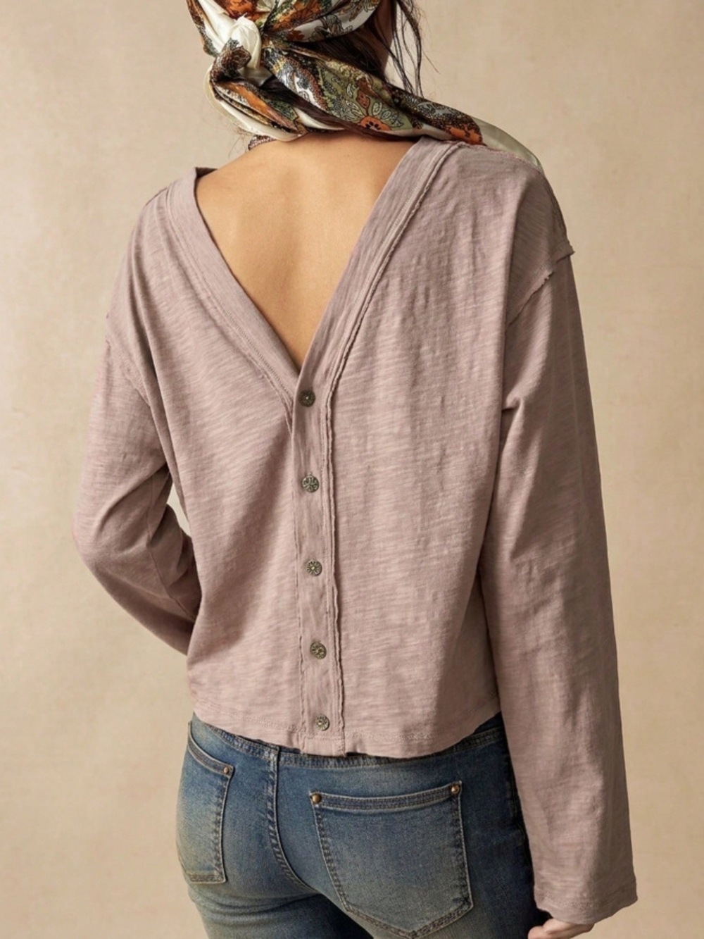 Casual & Relaxed V-Back Button Up Long-Sleeve Top in Dusty Mauve Sz S M L XL 2X
